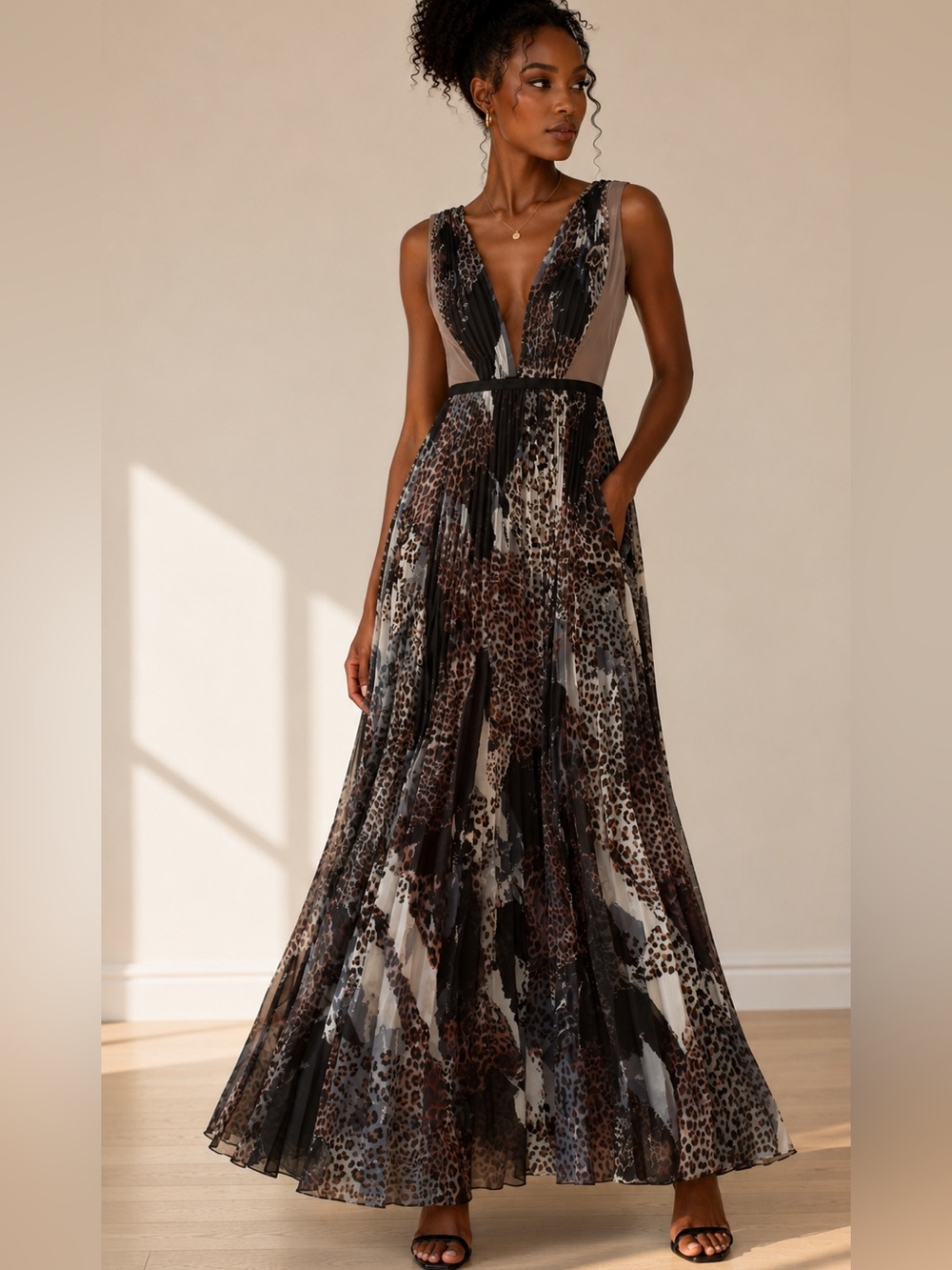 bebe Brown & Black Leopard Print Pleated Maxi Dress